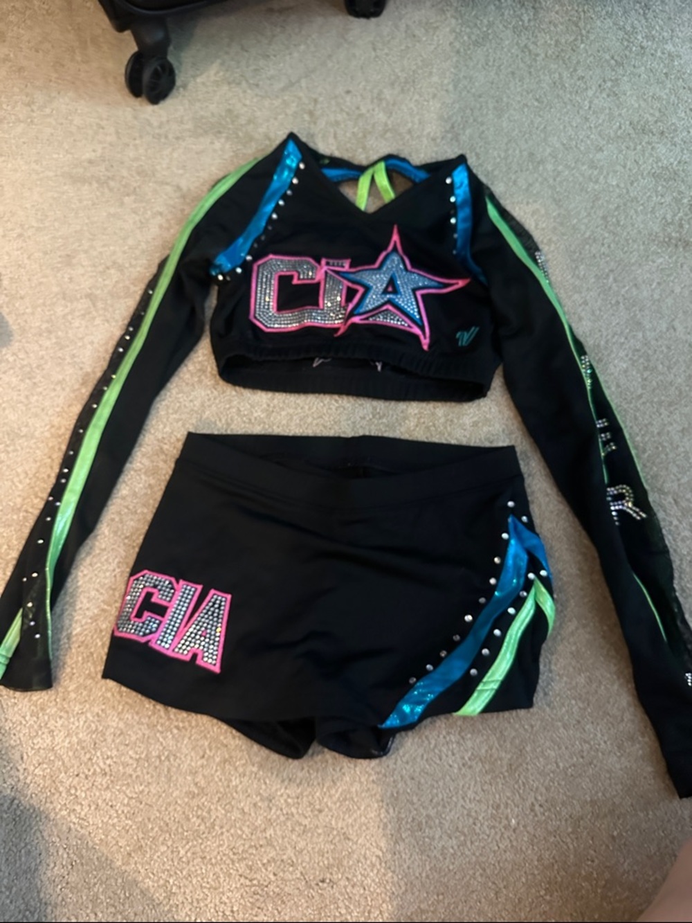 Varsity Kids Black Cheer Set with Pink, Blue, and Neon Green Accents